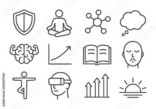 Mental Resilience Icons. Outline icon set of Mental resilience training: shield icon, meditation figure,