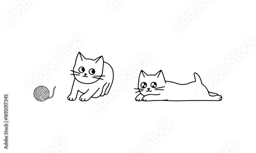 Playful kittens exploring a ball of yarn in a simple line art style
