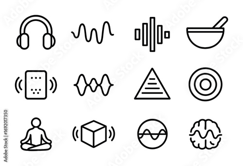 Quantum Soundscape Icons. Outline icon set of Quantum soundscapes: headphone icon, sound waves, music spectrum