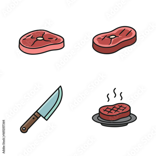 Meats icons. Steak, knife, cooked on plate
