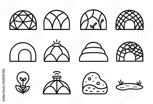 Organic Dome Icons. Outline icon set of Organic domes: geodesic frame, curved lines, transparent panels, plant