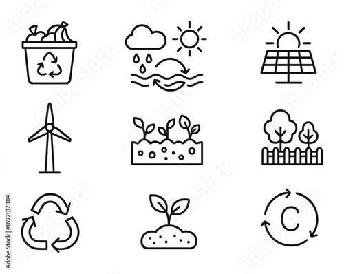 Regenerative Design Icons. Outline icon set of Regenerative design: compost bin, water cycle, solar loop, wind