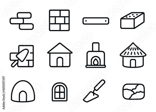 Clay House Icons. Outline icon set of Clay and adobe houses: clay brick, adobe wall, wooden beam, sun-dried