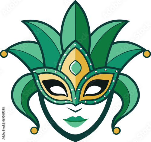 Green and Gold Jester Mask with Feathers and Jewels on White Background style vector illustration EPS file download