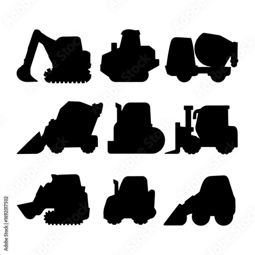 Heavy machinery silhouettes showing various construction vehicles in black against a plain background