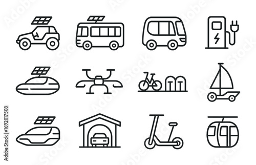 Solar Mobility Icons. Outline icon set of Solar mobility: electric dune buggy, solar bus, autonomous shuttle,