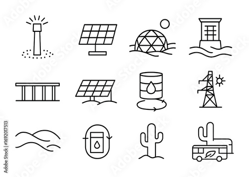 Desert Solar City Icons. Outline icon set of Desert solar cities: solar tower, photovoltaic panel, desert dome