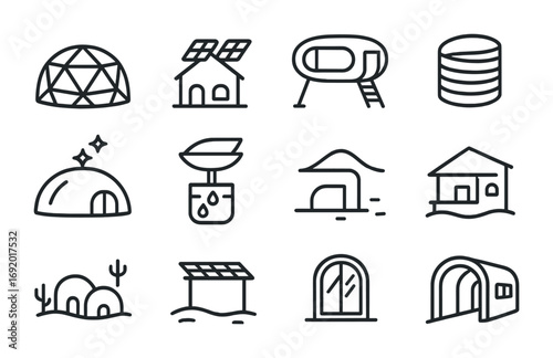 Futuristic Desert Housing Icons. Outline icon set of Futuristic desert housing: geodesic dome, solar roof,