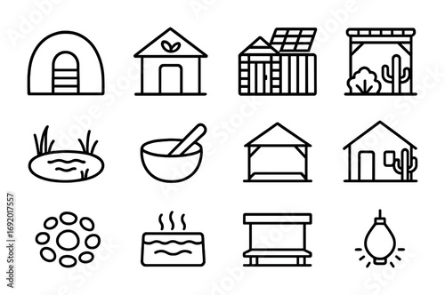Desert Wellness Icons. Outline icon set of Desert wellness hubs: meditation dome, eco spa, solar sauna, shaded