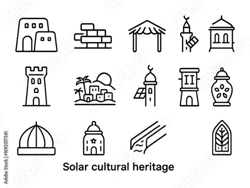 Solar Heritage Icons. Outline icon set of Solar cultural heritage: adobe house, mud brick wall, palm roof,