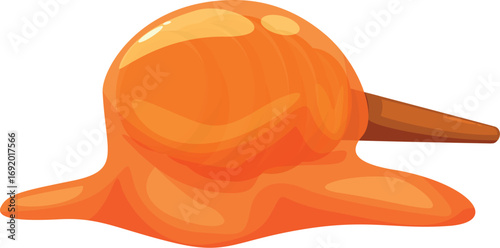 Round orange candy on a stick is melting, creating a puddle of sweet, sticky goodness