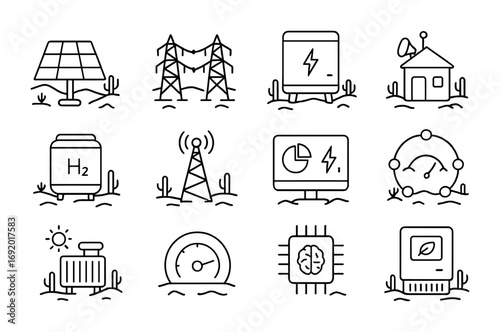 Desert Energy Icons. Outline icon set of Desert smart grids: solar array, power lines, energy storage unit,