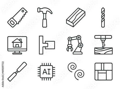AI Carpentry Icon Set. Outline icon set of AI carpentry: saw icon, hammer outline, wooden board, drill bit,