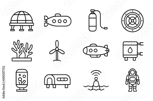 Deep-Sea Colony Icons. Outline icon set of Deep-sea colonies: underwater dome, submarine, oxygen tank,