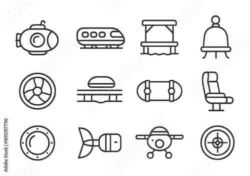 Aquatic Transport Icons. Outline icon set of Aquatic transportation: submersible pod, underwater train,