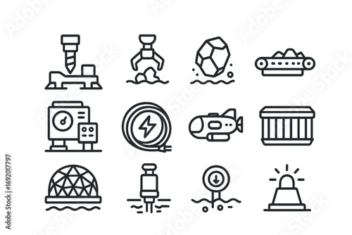 Abyssal Mining Icon Set. Outline icon set of Abyssal mining stations: drill rig, robotic claw, mineral rock,