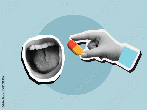 A hand extends a capsule pill into an open mouth. Modern collage style. Vector illustration