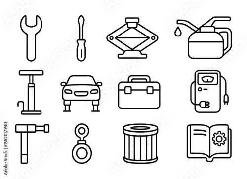Car Repair Icon Set. Outline icon set of car repair: wrench, screwdriver, jack, oil can, tire pump, car lift,
