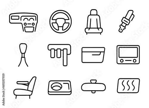Car Interior Icons. Outline icon set of car interiors: dashboard, steering wheel, seats, seatbelts, gear stick