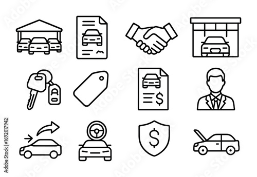 Car Dealership Icons. Outline icon set of car dealerships: car lot, sales contract, handshake, showroom, car