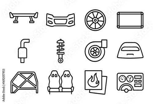 Car Tuning Icons. Outline icon set of car tuning: spoiler, body kit, custom rims, neon lights, exhaust system,