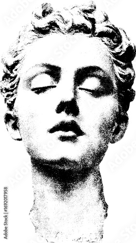 Classical sculpture bust with detailed face and head in monochrome style. Marble texture and vintage shadows in vector illustration.