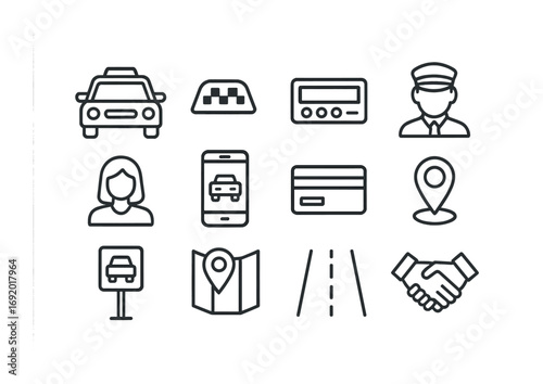 Taxi Icon Set. Outline icon set of taxi cars: yellow cab, taxi roof light, taxi meter, driver icon, passenger