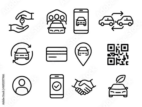 Car Sharing Icons. Outline icon set of car sharing: key handover, carpool logo, mobile app, shared vehicle,