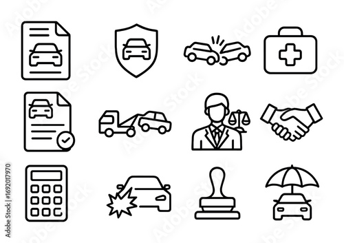 Car Insurance Icons. Outline icon set of car insurance: insurance policy, shield icon, accident icon, first