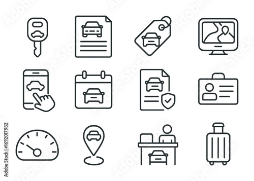 Car Rental Icons. Outline icon set of car rental: car key, rental contract, price tag, GPS device, mobile app,