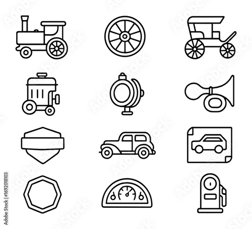 Vintage Car Icon Set. Outline icon set of car history: steam car, vintage wheel, horse carriage, early motor,