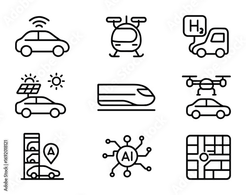 Futuristic Mobility Icons. Outline icon set of car future mobility: self-driving car, flying taxi,