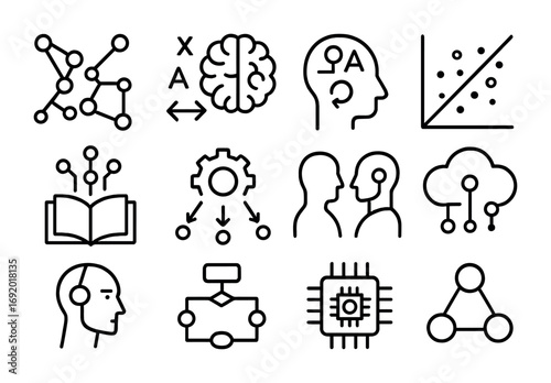 Hybrid Intelligence Icons. Outline icon set of hybrid intelligence: neural pathways, symbolic equations,