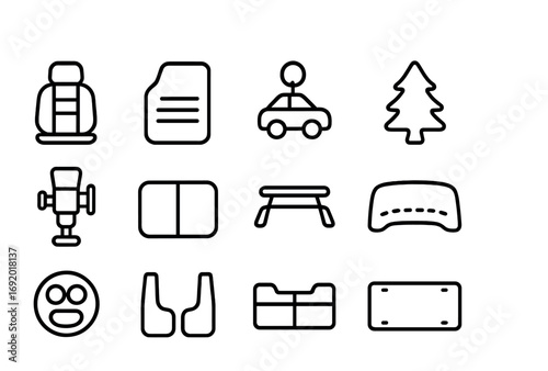 Car Accessories Icons. Outline icon set of car accessories: seat cover, floor mat, keychain, air freshener,