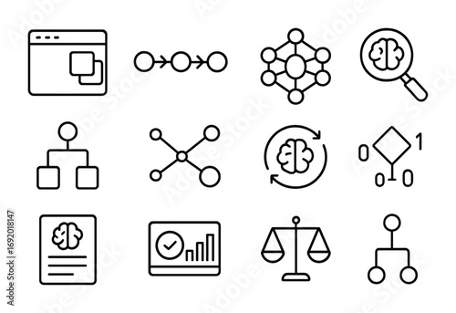 Explainable AI Icons. Outline icon set of explainable AI: transparency windows, logic chains, neural diagrams,