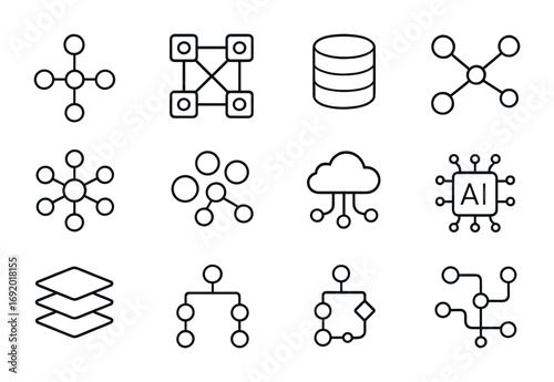 Knowledge Graph Icons. Outline icon set of knowledge graphs: nodes, edges, ontology maps, database icons,