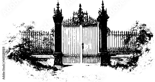 Ornamental iron gate with columns and decorative details in a black and white style. Vintage architectural vector illustration.
