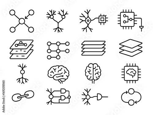 Neural System Icons. Outline icon set of neural reasoning: synapse maps, neuron clusters, hybrid circuits,