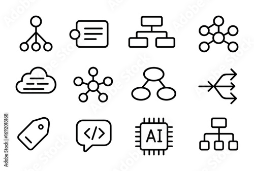 Semantic AI Icon Set. Outline icon set of semantic AI: ontology trees, labeled data, structured diagrams,