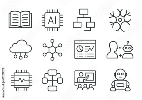 Hybrid Learning Icons. Outline icon set of hybrid learning: textbooks, AI chips, logic diagrams, neurons,