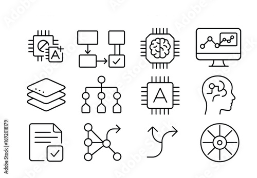 Machine Reasoning Icons. Outline icon set of machine reasoning: symbolic chips, deduction arrows, hybrid