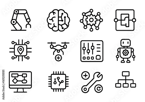 Neuro-Symbolic Robotics Icons. Outline icon set of neuro-symbolic robotics: robotic arms, AI brains, symbolic
