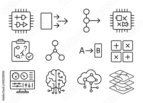 Reasoning Engine Icons. Outline icon set of reasoning engines: logic processors, inference arrows, data nodes,