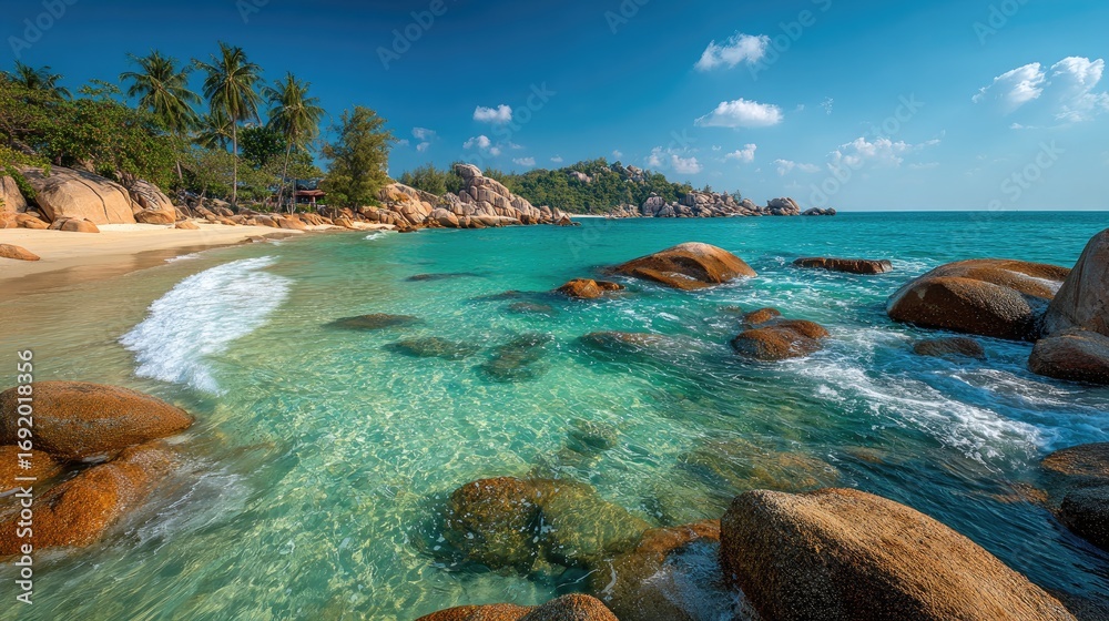Obraz premium Tropical beach scene with turquoise water, rocks, and palm trees