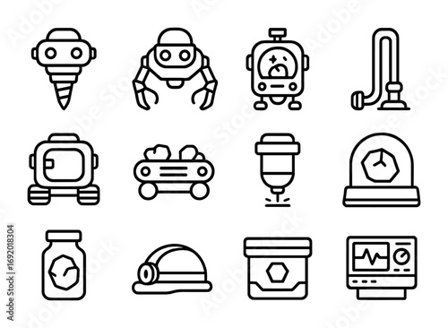Mining Drones Icons. Outline icon set of mining drones: drilling bots, excavation claws, mineral scanners,