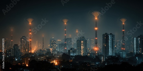 Wallpaper Mural Cityscape at Night with Communication Towers Emitting Wi- Fi Signals urban skyline Torontodigital.ca