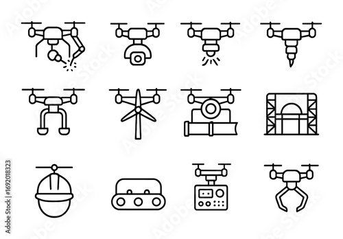 Industrial Drones Icons. Outline icon set of industrial drones: welding arms, inspection bots, thermal