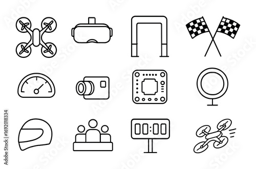 Drone Racing Icons. Outline icon set of drone racing: racing drones, VR goggles, checkpoints, racing flags,
