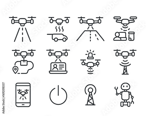 Smart City Drone Icons. Outline icon set of smart city drones: traffic monitoring bots, air pollution drones,