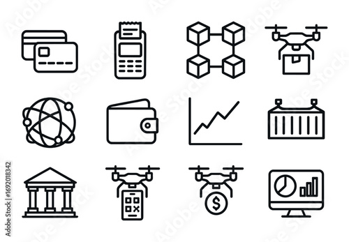 Financial Drone Economy Icons. Outline icon set of financial drone economy: credit cards, payment terminals,